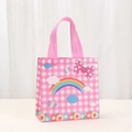 Detailed view of pink plaid non-woven gift bag with rainbow, clouds and bow patterns - Pink White Grid Rainbow Style (9045-1) / 20*20*9cm