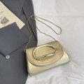 Elegant champagne gold rectangular clutch with metallic finish and gold chain strap - Champagne