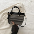 Striped straw bucket bag with black leather handles and golden metal hardware details - Black