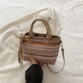 Brown gradient straw bucket bag with leather handles and adjustable shoulder strap - Khaki