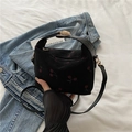Corduroy tote bag with red cherry pattern and black leather handles for women - Black