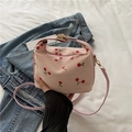 Pink corduroy mini handbag featuring cute cherry embroidery and adjustable strap - Pink