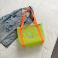 Neon green mesh tote bag with orange strap, portable large capacity beach shoulder bag - Fluorescent Green