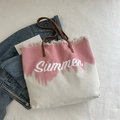 Πάνινη τσάντα με ροζ και λευκό tie-dye σχέδιο, στάμπα Summer και διακοσμητικά κρόσσια - Ροζ