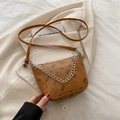 Retro brown bucket bag with bear print, silver chain and leather crossbody strap - Brown