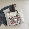 Weiße Canvas-Einkaufstasche mit Blumen Regenbogen Druck und Fransen im Freizeitstil - Weiß