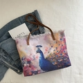 Canvas tote bag with colorful peacock oil painting pattern and leather handles - Purple