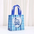 Blue plaid non-woven gift bag with SUPER DAD text and hat icon for Father's Day gifts - Grid Super Dad Shield Style (9039-6)