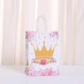 Pink dream castle gift bag with golden crown and floral motifs for birthdays - Crown Rose Sweet Style (492-4) / 21cm x 15cm x 8cm