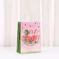 Detail of pink watermelon gift bag with 'One In A Melon' print and twisted paper handles - one IN A Melon Pink Style (523-1)