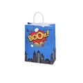 Blue City Hero gift bag with Boom comic print and white rope handle for party favors - BOOM Text Pattern Bright Blue Style (495-6)