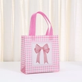 Pink and white checkered non-woven gift bag with a sweet bow print and sturdy handles - Pink White Checkered Bow Frame Style (9038-4)