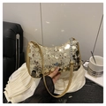 Detailed view of the gold sequin shoulder bag with metallic chain and leather strap - Gold