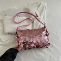 Chic pink sequin shoulder bag for women with glossy round sequins and silver hardware - Pink