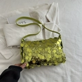 Lime green sequin shoulder bag with leather strap and zipper closure for women - Green