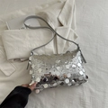 Silver sequin shoulder bag with metallic round paillettes and light gray slender strap - Silver
