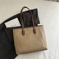 Minimalist khaki and dark brown contrast faux leather tote bag in a British style - No Pendant / Khaki