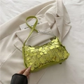 Trendy lime green underarm bag with shimmering circular sequins and silver chain strap - Green