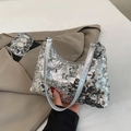 Chic silver sequin shoulder bag with leather strap for elegant evening party styling - Silver