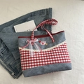 Blue denim tote bag with red gingham lace and cherry bow details in a sweet style - Blue Denim