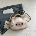 Cute white plush cat crossbody bag with soft faux fur texture and pink gradient details - Khaki With Pendant