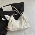 White pleated hobo bag with dual vertical zippers and a cute cloud plush charm - With Pendant / White