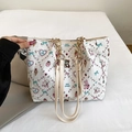 White canvas tote bag with cartoon bear and rabbit patterns and golden chain handles - No Pendant / White