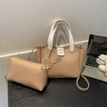 Chic apricot tote bag set with a small zipper pouch and a cute rabbit pendant accessory - Khaki