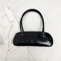 Borsa baguette minimalista in pelle PU nera con doppi manici e finitura lucida - Nero