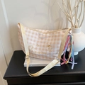Plaid gingham crossbody bag with cute embroidery and colorful ribbon charms - Off-white
