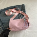 Pink nylon crossbody bag with heart embroidery and colorful braided rope zipper pull - With Charm / Pink