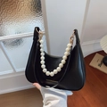 Chic black PU leather underarm bag with pearl chain handle and adjustable shoulder strap - Black