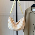 Yellow plaid hobo shoulder bag with heart and bear embroidery on canvas material - No Pendant / Yellow
