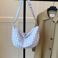 Blue and white plaid crossbody bag with bear embroidery and adjustable shoulder strap - No Pendant / Blue