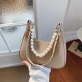 Cream half-moon shoulder bag with large pearl chain and elegant wide strap detail - Khaki