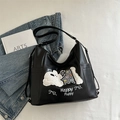 Borsa tote nera in ecopelle con ricamo a forma di cucciolo bianco e scritta Happy Puppy - Nero