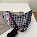 Retro black and white checkered underarm bag with cute embroidery and tassel charm - With Pendant / Black