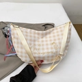 Beige gingham crescent crossbody bag with cute teddy bear embroidery and ribbon - With Pendant / Beige
