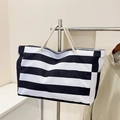 Large black and white striped canvas beach tote bag with white rope handles for travel - Black