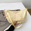 Yellow and white checkered shoulder bag with heart embroidery and adjustable strap - With Pendant / Yellow