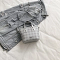 Silver grey plaid bucket bag with top handle and crossbody strap for women - Silver