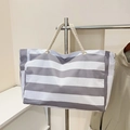 Large gray and white striped canvas tote bag with rustic hemp rope handles - Gray