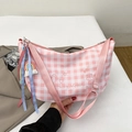 Pink and white checkered underarm bag with embroidery and rainbow tassel detail - With Pendant / Pink