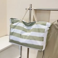 Olive green and white striped canvas tote bag with thick cotton rope handles and side pocket - Green