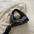 Minimalist black glossy PU leather hobo tote bag with vertical stitching for work - Black