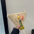 Secchiello intrecciato a mano in corda di cotone color crema con fiori e chiusura a perla - Bianco Sporco