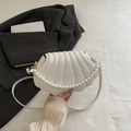 Elegant white shell shaped handbag with pearl handle and snakeskin texture for women - White
