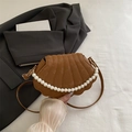 Brown shell-shaped crossbody bag with faux snake pattern and elegant pearl strap - Brown