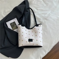 Floral print tote bag in white and pink with black leather trim and top handles - Black