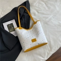 Women's yellow tote bag with colorful polka dots and stylish leather accents - Yellow